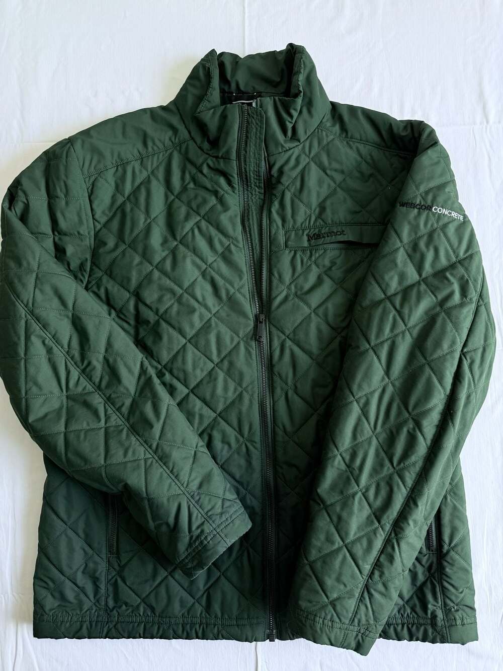 Marmot Quilted Jacket Size Large Green Primaloft Webcor Concrete Logo campcore